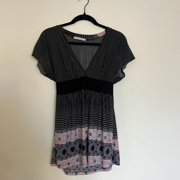 Y2K Charlotte Russe Baby Doll V Neck Top with Tie Black Polkadot and Patterned L - Picture 5 of 8